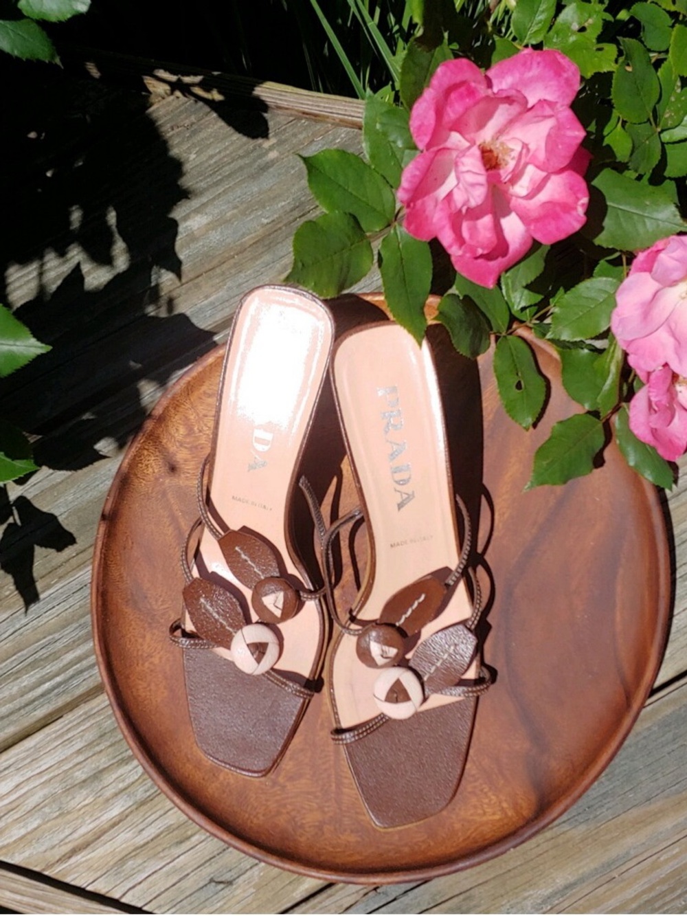 Prada Brown Leather Knot-Detail Heeled Sandals - Picture 1 of 5
